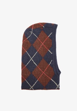 Kamizelka z wełny w wzór argyle w kolorze granatowym, brązowym i czerwonym, z ribbowanym dekoltem i bocznymi otworami na rękawy. Miękka tekstura, klasyczny design.