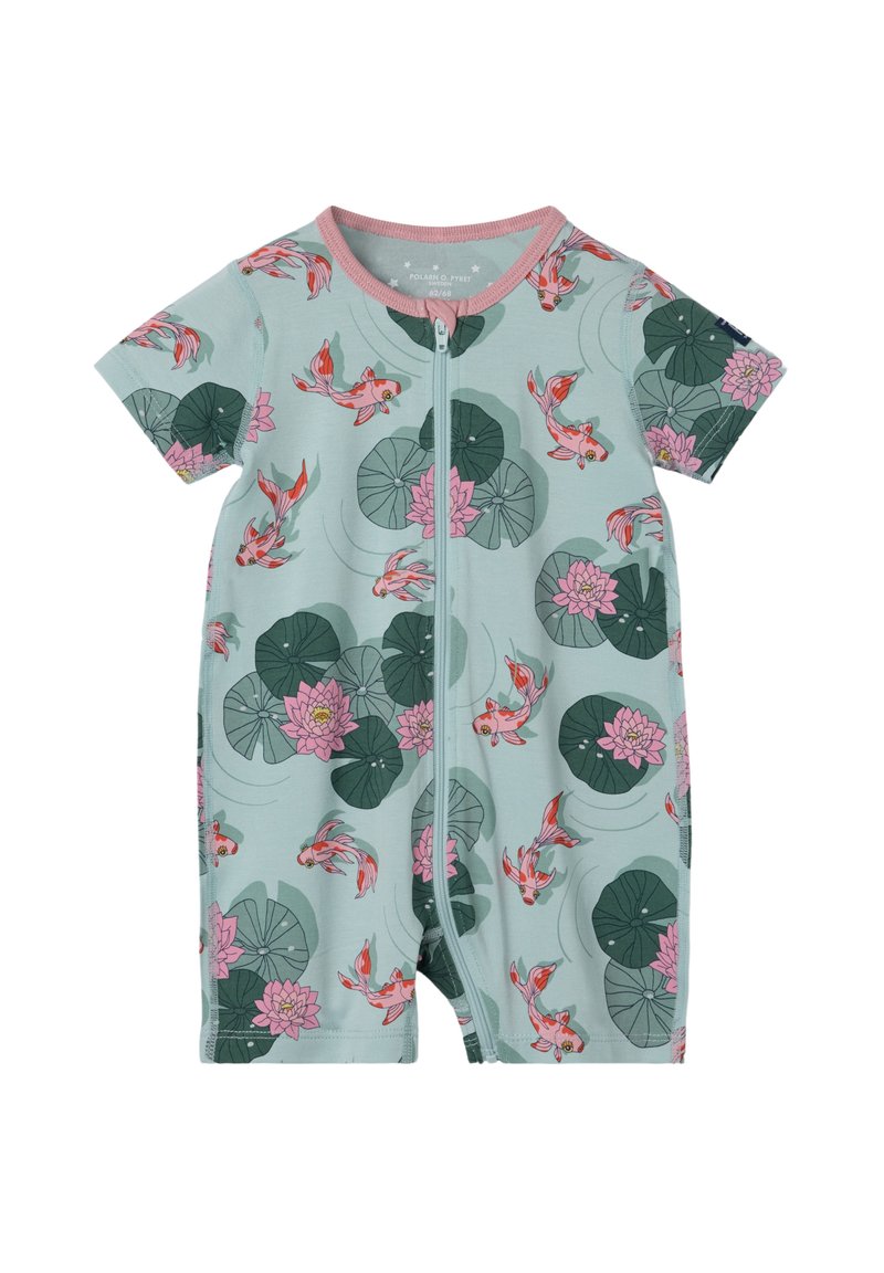 Kortærmet mintgrøn jumpsuit med et print af guldfisk og lilje blade, med en frontlynlås og pink kant rundt om halsen.