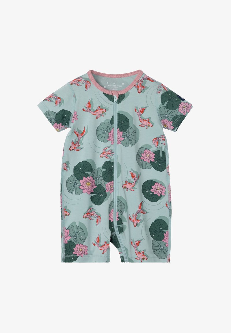 Short-sleeved mint green romper featuring a goldfish and lily pad print, with a front zipper and pink trim around the neckline.