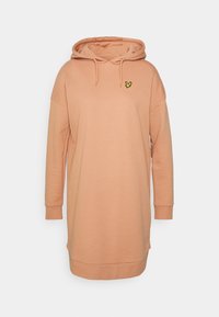 Vestido sudadera de color durazno fabricado con una tela suave, con un bolsillo tipo canguro, mangas largas y un pequeño logo bordado en el pecho.