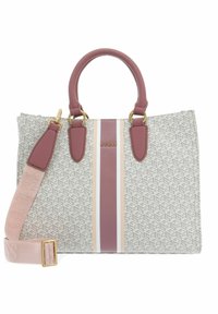 Borsa a mano con motivo geometrico grigia, dettagli in pelle rosa, accessori in oro, doppi manici superiori e tracolla removibile.