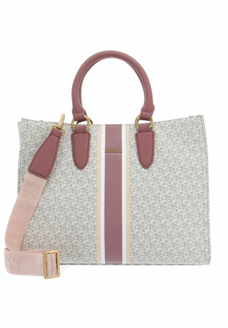 Borsa a mano con motivo geometrico grigia, dettagli in pelle rosa, accessori in oro, doppi manici superiori e tracolla removibile.