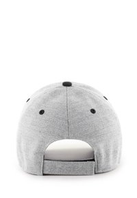 Gray cap featuring a textured fabric, black eyelets, and a button on top, with an adjustable strap on the back for a secure fit.