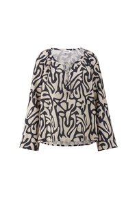 Camicia a maniche lunghe in lino beige con motivi astratti neri, dotata di scollatura rotonda e vestibilità leggermente ampia.