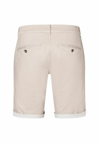 Beige shorts with a smooth texture, rolled cuffs, two back pockets with button accents, and a waistband without visible closure.