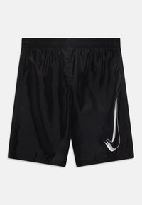 Black athletic shorts made of smooth, lightweight fabric, featuring an elastic waistband and a white Nike logo on the lower left side.