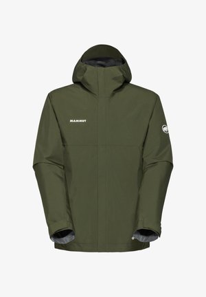 Groene waterdichte jas met capuchon, met een minimalistisch ontwerp, een rits aan de voorkant en logo-accenten op de borst en mouw.