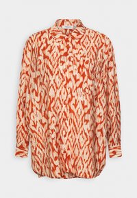 Chemise à manches longues avec fermeture à boutons, col pointu, poche poitrine et motif abstrait orange et crème.