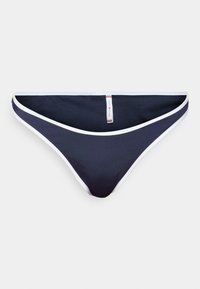 String bikini blu navy con una texture liscia, rifinita da un bordo bianco lungo i lati e un piccolo tag del brand sul retro.