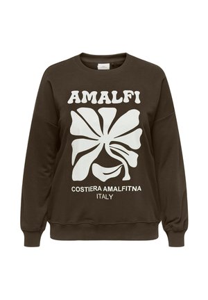 Sweat-shirt marron foncé avec un motif de fleur abstraite blanche et le texte "AMALFI" au-dessus et "COSTIERA AMALFITNA ITALY" en dessous du design.