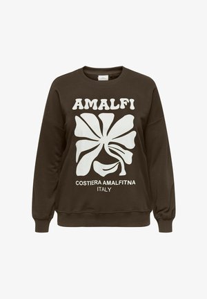 Ciemnobrązowa bluza z białą abstrakcyjną grafiką kwiatu i napisem „AMALFI” u góry oraz „COSTIERA AMALFITNA ITALY” pod wzorem.