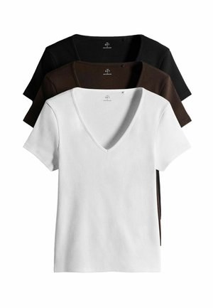 Three ribbed short-sleeve V-neck shirts layered, in white, dark brown, and black, displayed on a white background.