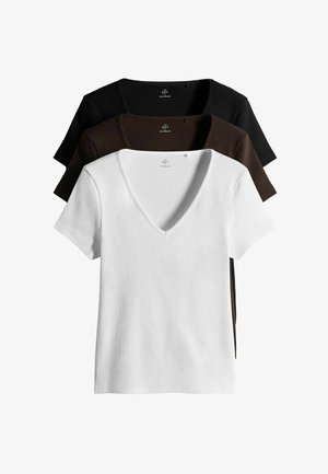 Three ribbed short-sleeve V-neck shirts layered, in white, dark brown, and black, displayed on a white background.