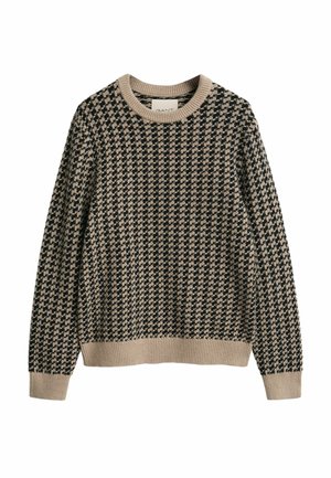 Beige and black houndstooth patterned knit sweater with ribbed cuffs, hem, and crew neckline.