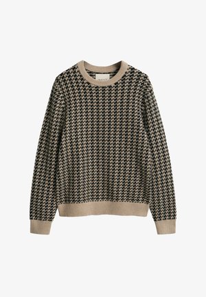 Beige and black houndstooth patterned knit sweater with ribbed cuffs, hem, and crew neckline.