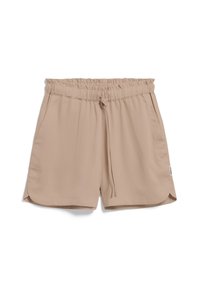 Beige shorts made of smooth fabric, featuring an elastic waistband with a drawstring, side pockets, and a curved hem design.