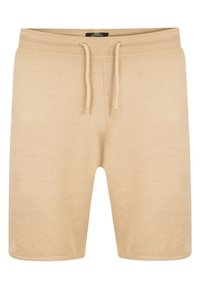 Shorts en coton beige avec taille élastique et cordon de serrage. Comprend un ourlet cousu et une texture douce, conçus pour le confort et une tenue décontractée.