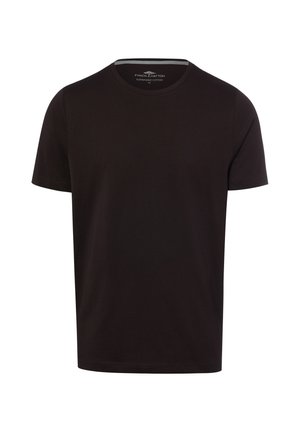 Schlichtes schwarzes kurzärmeliges Baumwoll-T-Shirt mit Rundhalsausschnitt, als nachhaltige Baumwolle gekennzeichnet, Größe M.