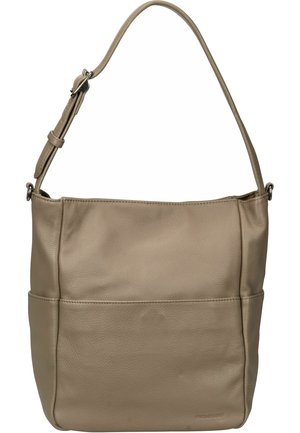 Sac à bandoulière en cuir taupe avec une sangle ajustable, un design simple et des détails de couture subtils.