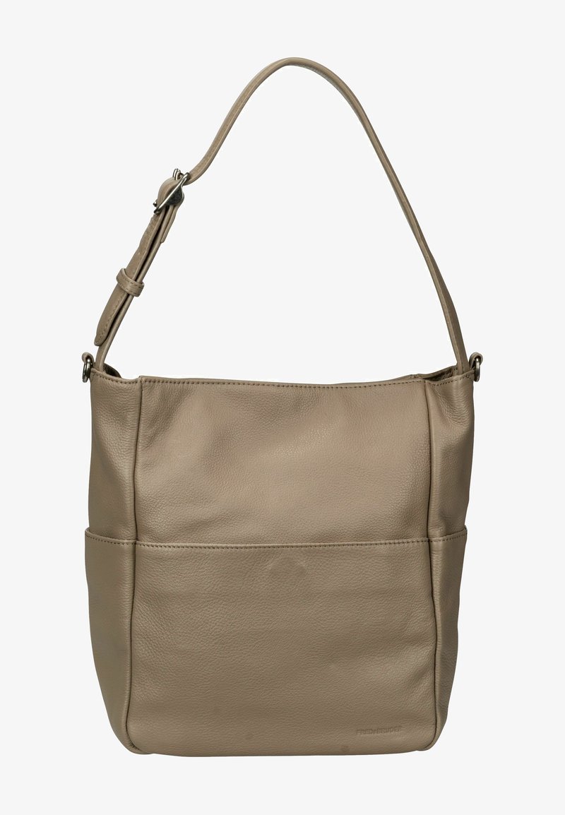Sac à bandoulière en cuir taupe avec une sangle ajustable, un design simple et des détails de couture subtils.