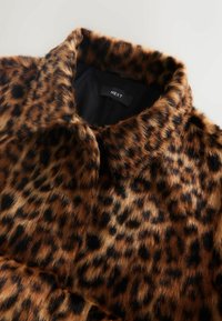 Brown leopard print faux fur coat with a soft texture, a collared neck, and a black inner lining featuring the brand label "NEXT."