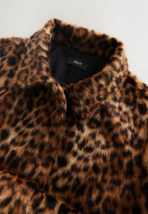 Brown leopard print faux fur coat with a soft texture, a collared neck, and a black inner lining featuring the brand label "NEXT."