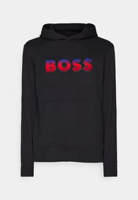 Felpa con cappuccio nera con tasca a marsupio, caratterizzata da un audace logo "BOSS" in gradiente rosso e blu. Realizzata in tessuto morbido, con polsini e orlo a costine.