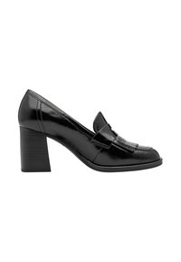 Mocassin femme en cuir verni noir avec talon bloc et pompon décoratif à l’avant, vu de profil sur fond blanc.