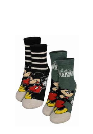 Zwei Paar Knöchelsocken mit Mickey-Mouse-Motiven, ein Paar schwarz mit weißen Streifen und ein Paar einfarbig grün mit Text.
