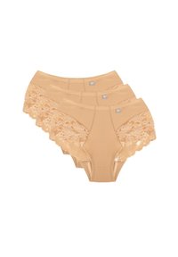 Tre par beige underkläder med en mjuk tygkvalitet och spetskanter på sidorna, med ett bekvämt midjeband och dekorativt stygn.