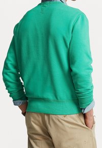 Grön sweatshirt med rundad halsringning, ribbad ärmslut och nederkant. Har en slät yta och är överlagerad över en ljus denimskjorta.