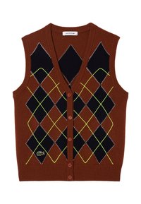 Gilet lavorato a maglia marrone con scollatura a V, motivo argyle in blu navy e verde, con cinque bottoni sul davanti e logo Lacoste.