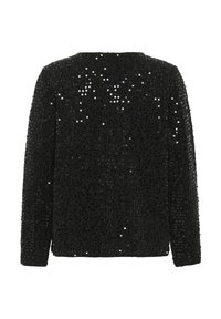 Top nero con paillettes, caratterizzato da una vestibilità ampia, maniche lunghe, scollatura rotonda e una superficie testurizzata ricoperta di paillettes luccicanti.