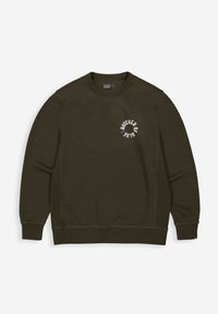 Olijfgroene crewneck sweatshirt gemaakt van een katoenmix, met een cirkelvormig tekstlogo "BUTCHER OF BLUE" op de linker borst.