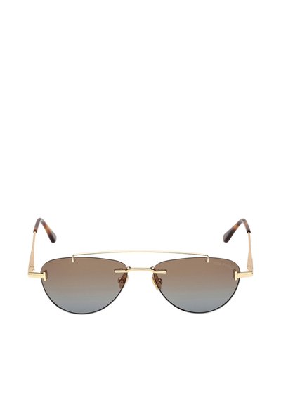 Occhiali da sole in metallo con montatura dorata, lenti marroni sfumate, forma angolare e dettagli tartarugati sulle aste.
