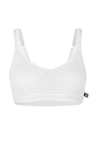 Weiße Bralette mit Spitze, geraffter Vorderseite, verstellbaren Trägern, aus weichem Stoff. Enthält ein Etikett auf der linken Seite.