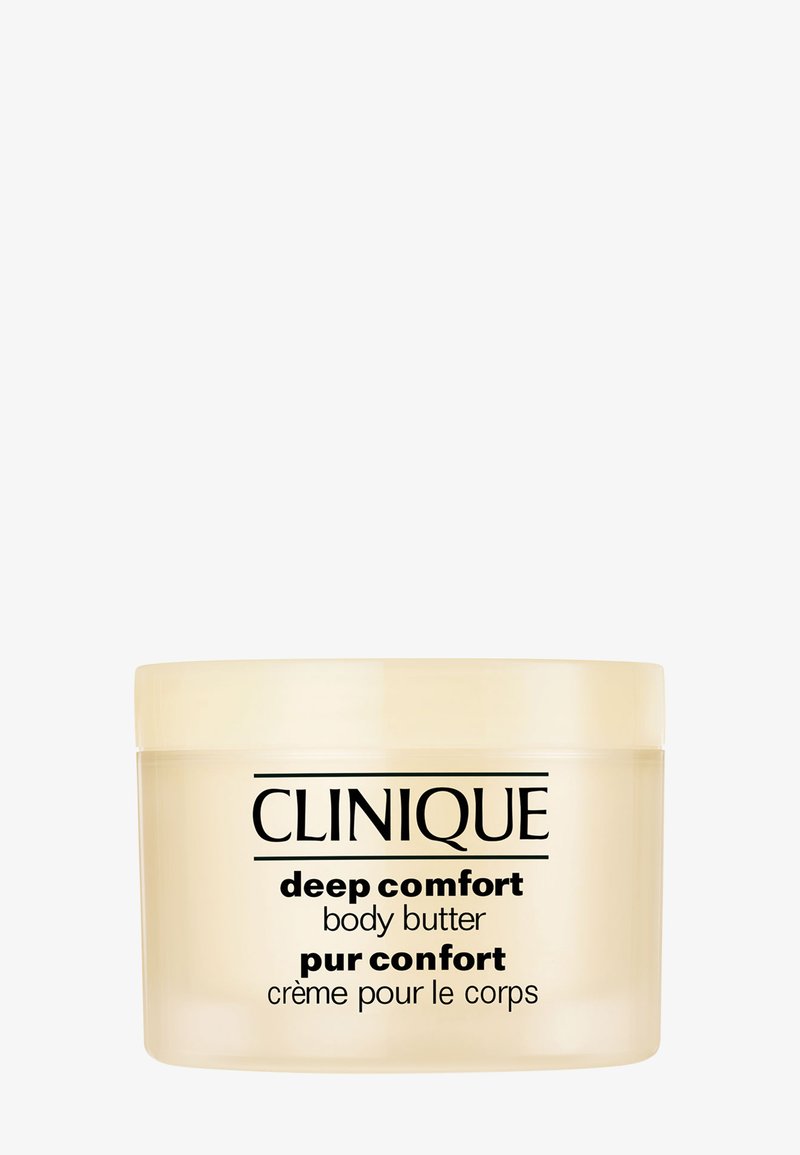 Clinique Deep Comfort Körperbutter in einem beigen Glas mit schwarzem Text, feuchtigkeitsspendende Creme für die Körperpflege.
