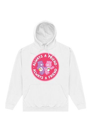 Biała bluza z kapturem z dużą okrągłą grafiką przedstawiającą dwa kreskówkowe misie, napisem "Zawsze przyjacielem" w różowym i czerwonym kolorze oraz przednią kieszenią.