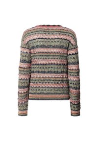 Pull en tricot avec des rayures multicolores vertes, roses et noires. Présente un motif texturé avec des volants et un col rond. Manches longues.