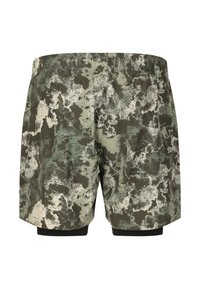Heren shorts met een camouflagepatroon in tinten groen en grijs. Elastische tailleband met zwarte binnenvoering. Lichtgewicht, ademend materiaal.