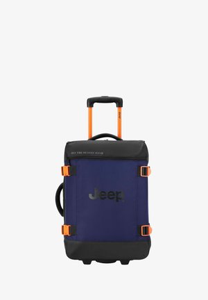 Zaino a rotelle blu navy con dettagli neri, hardware arancione, maniglia superiore e logo. Tessuto con texture, forma strutturata e scomparti con zip.
