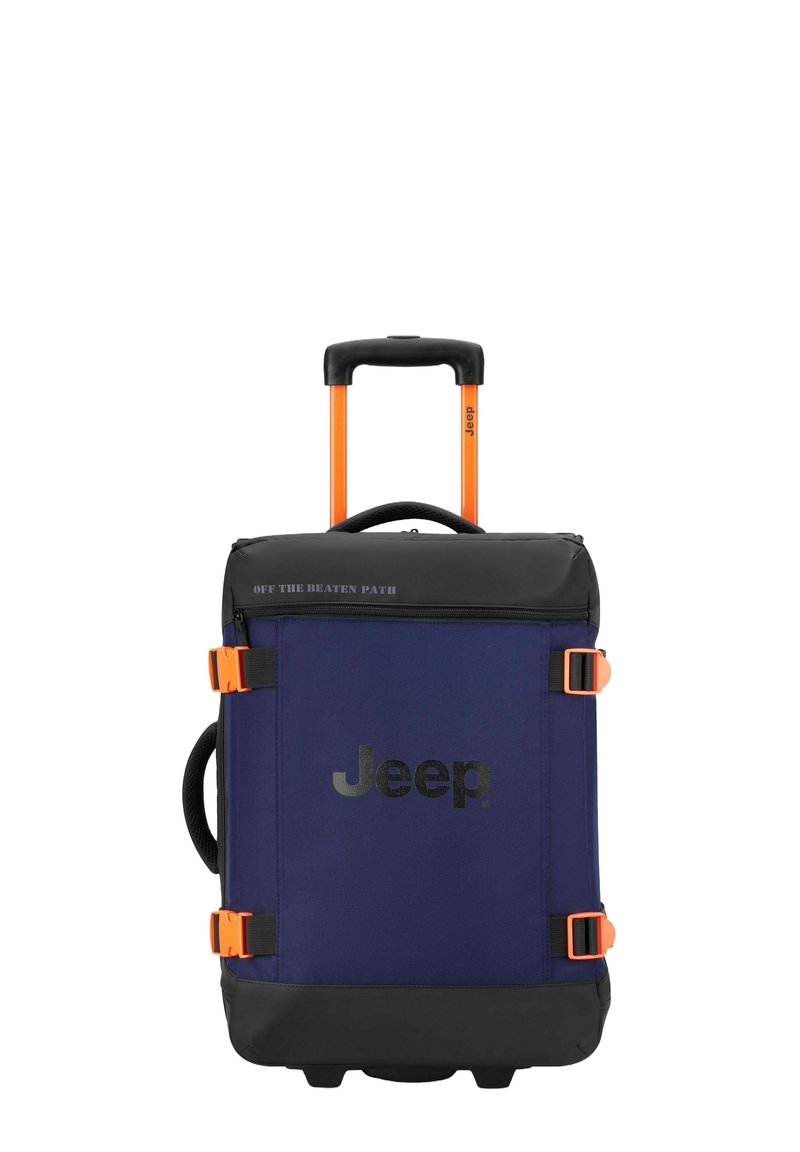 Zaino a rotelle blu navy con dettagli neri, hardware arancione, maniglia superiore e logo. Tessuto con texture, forma strutturata e scomparti con zip.