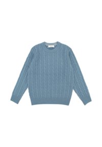 Cable-knit sweater in light blue. Features a round neckline, long sleeves, and ribbed cuffs and hem for textured detail.