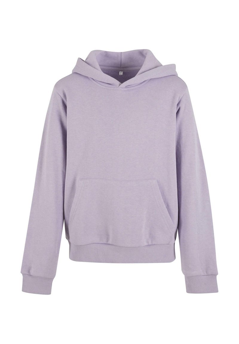 Sudadera morada hecha de tela suave, con un bolsillo frontal, mangas largas y capucha con cordón. Diseño simple y relajado, ajuste unisex.