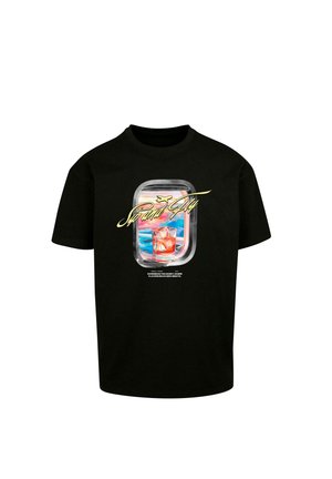 Black cotton t-shirt featuring a graphic design of a drink glass and clouds, with yellow script text and white accents below the image.