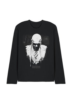 Black long-sleeve shirt with a white graphic of a bald man in a suit and tie, with "Daredevil" text below on a brick wall background.