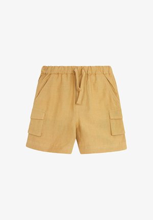 Shorts cargo en mélange de lin jaune moutarde, dotés d'une taille élastique, d'un cordon de serrage et de deux poches latérales avec fermetures à rabat.