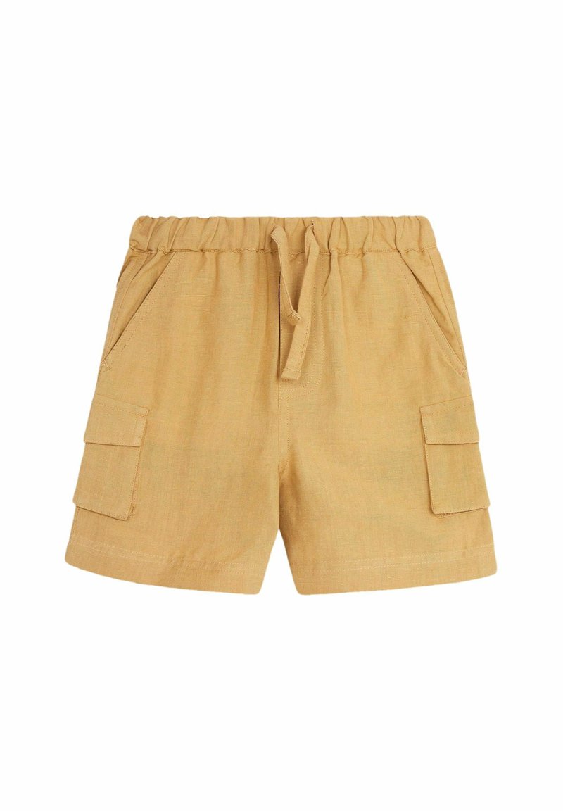 Linnedelses blanding cargo shorts i sennepsgul, med elastisk talje, snor og to sidelommer med klaplukninger.