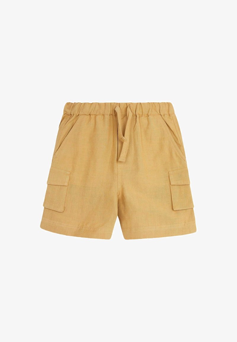 Linen blend cargo shorts in mustard yellow, featuring an elastic waistband, drawstring, and two side pockets with flap closures.
