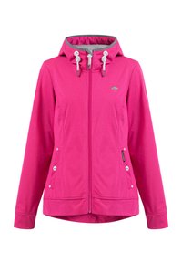 Giacca fucsia con cappuccio, chiusura a zip e dettagli grigi. Presenta regolatori a toggle, tasche laterali e un logo sul petto.